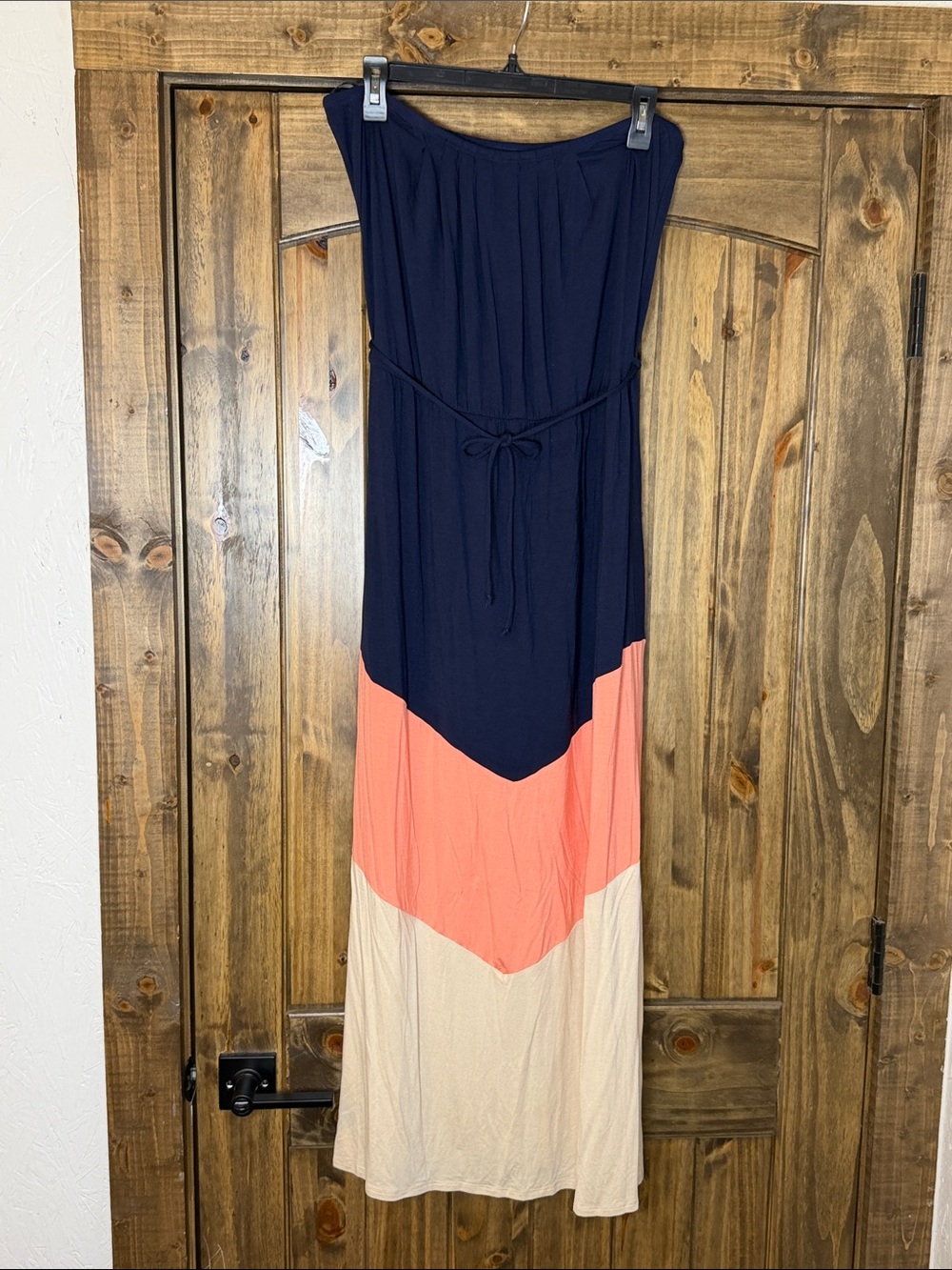 Loveappella Navy, Coral & Cream Strapless Colorblock Maxi Dress